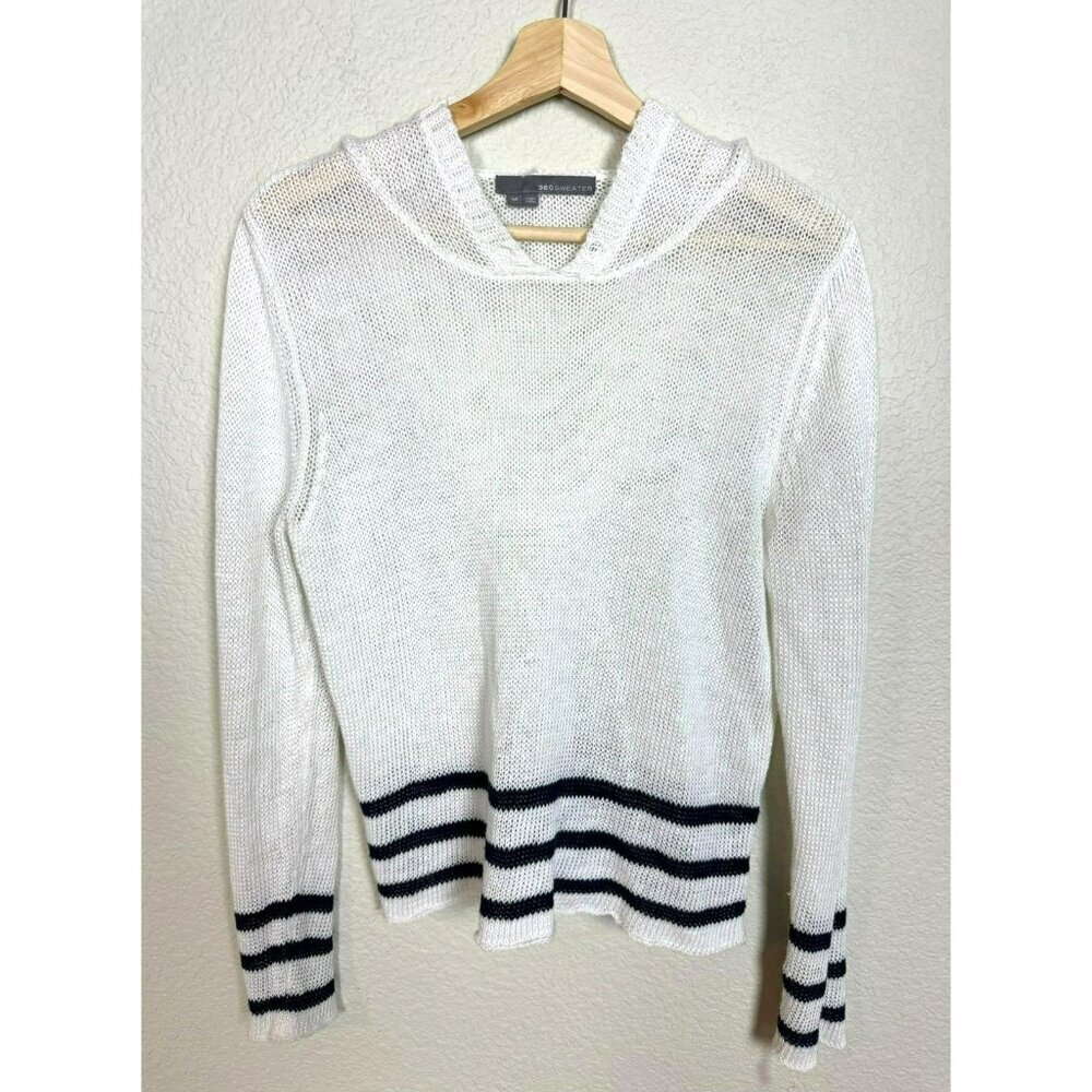 360 Sweater Linen Loose Knit Sweater Top Size M Hood White Black Stripe Pullover